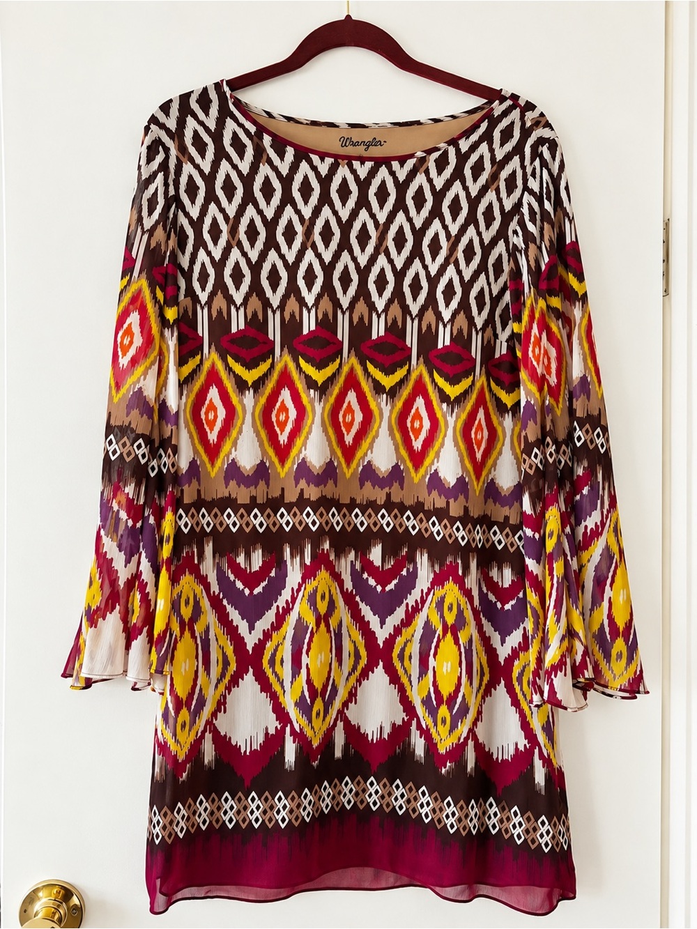 Wrangler Multicolor Ikat Long Sleeve Dress - Red, Yellow, Brown, White